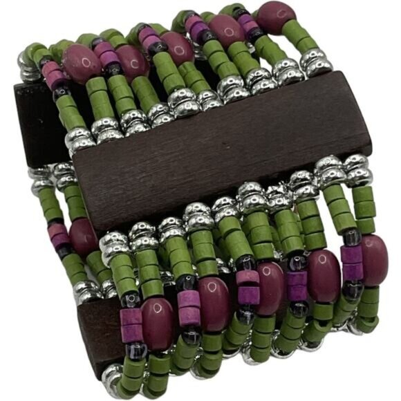 Handcrafted Bohemian Multicolor Beaded Stretch Cuff Bracelet - Picture 3 of 4